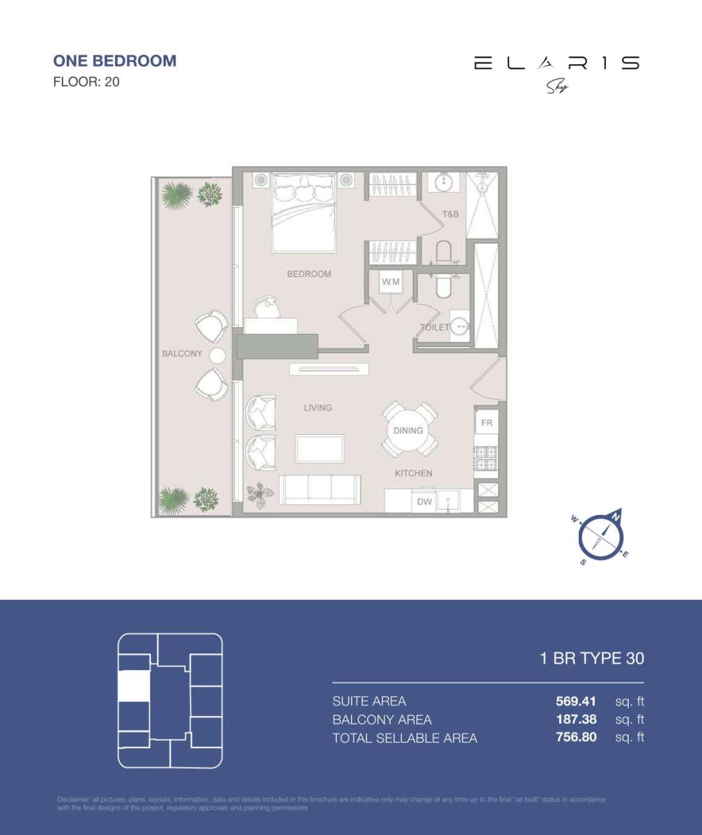 1BR-Type 30-Elaris Sky offers 1-bedroom apartments in JVT District 3, Jumeirah Village Triangle, Dubai.